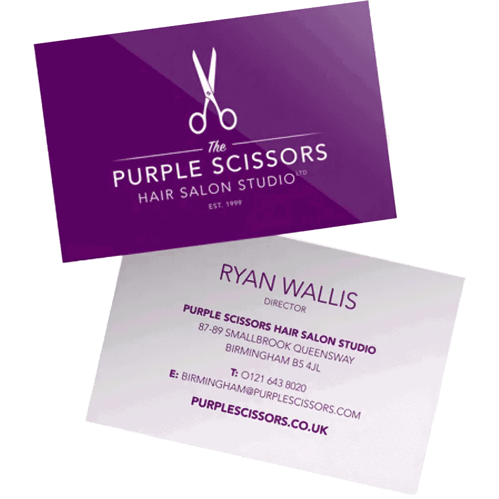 Beautiful Purple Scissors hair salon studio Business Card Printing & Design for the Stockport & Manchester area.