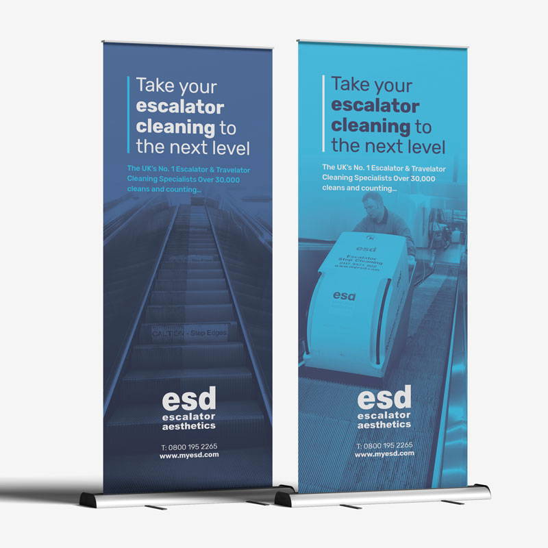 Blue roller banner large format printing with standard roller banner text. roller banners are perfect for portable banner and exhibition displays
