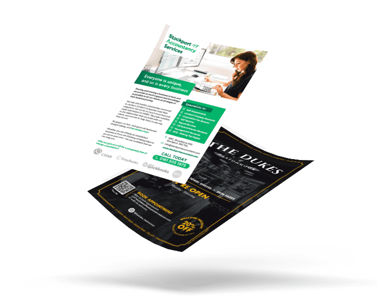 2 flyers design and printed by local print shop in Stockport, Nettl of Stockport offer printing services such as flyers, leaflets, business cards, letterheads and much more