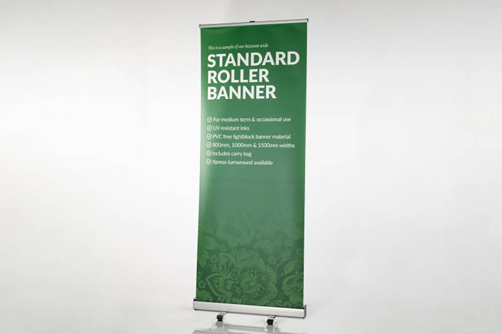 green roller banner large format printing with standard roller banner text. roller banners are perfect for portable banner and exhibition displays