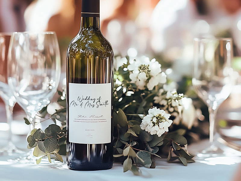 Elegant wedding bottle labels stickers printed with Stockport wedding stationery experts Nettl of stockport offering wedding stationery for every phase of your wedding journey