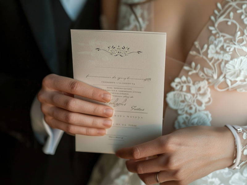 bride and groom holding order of service booklet printed and designed by South Manchester design studio nettl of stockport