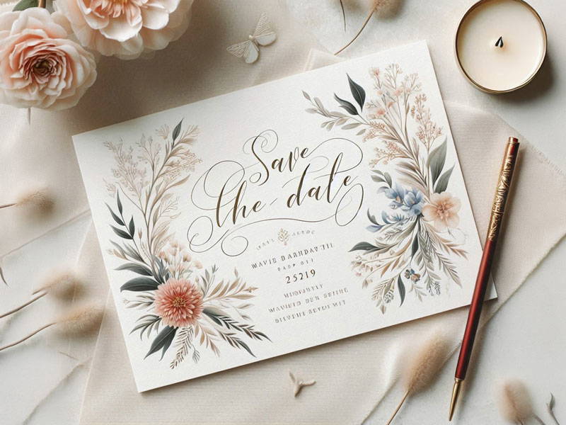 Elegant floral Save the date card printed with Stockport wedding stationery experts Nettl of stockport offering wedding stationery for every phase of your wedding journey
