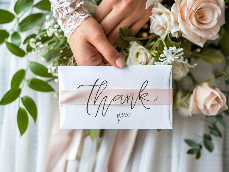 bride holding bespoke wedding thank you card printed and designed by south Stockport design studio nettl of stockport