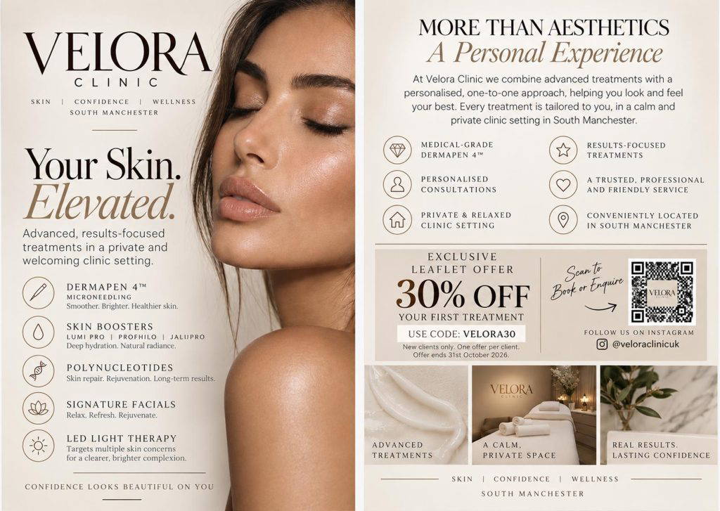 Original AI-generated Velora Clinic leaflet concept for an aesthetics and skin clinic.