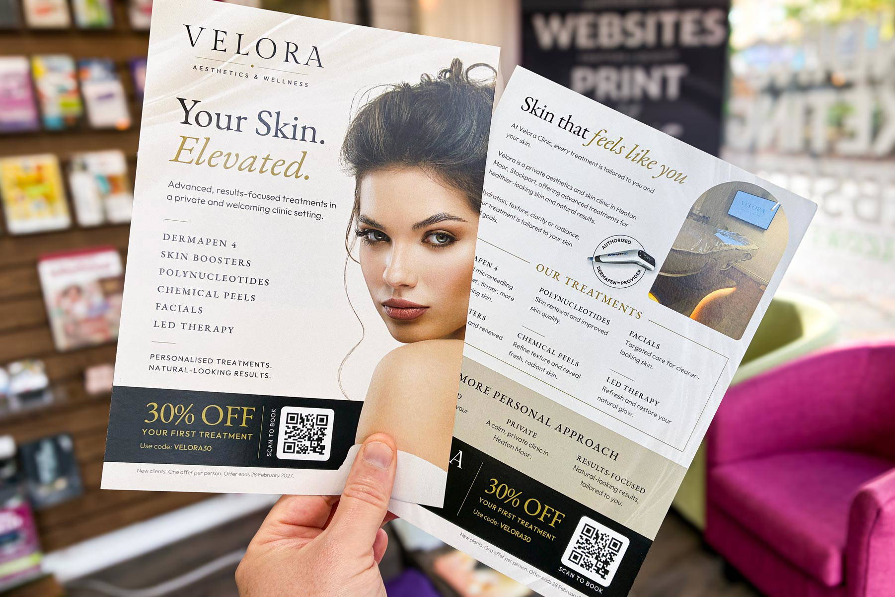 Printed A5 Velora Clinic promotional leaflet showing the finished double-sided design.
