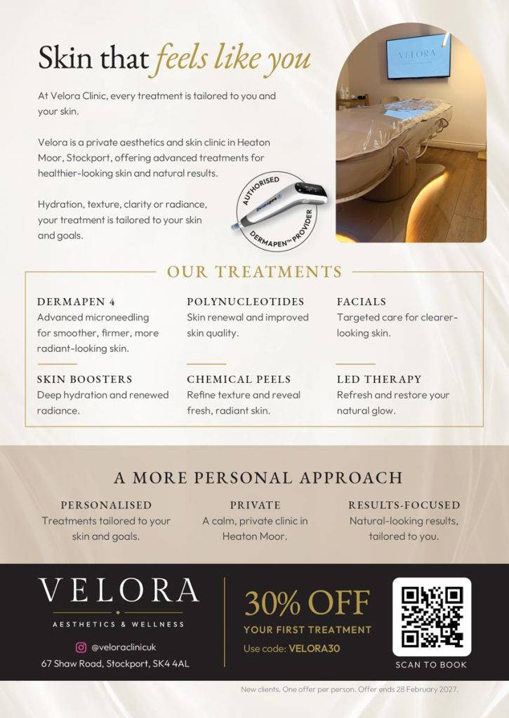 Finished Velora Clinic promotional leaflet featuring refined typography, treatment information and a first-treatment offer.