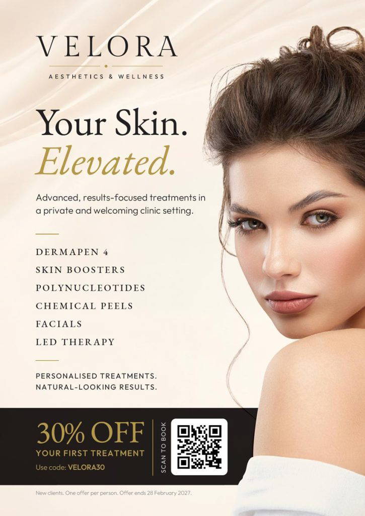 Finished Velora Clinic promotional leaflet with refined editorial typography, treatment information and a 30% first-treatment offer.