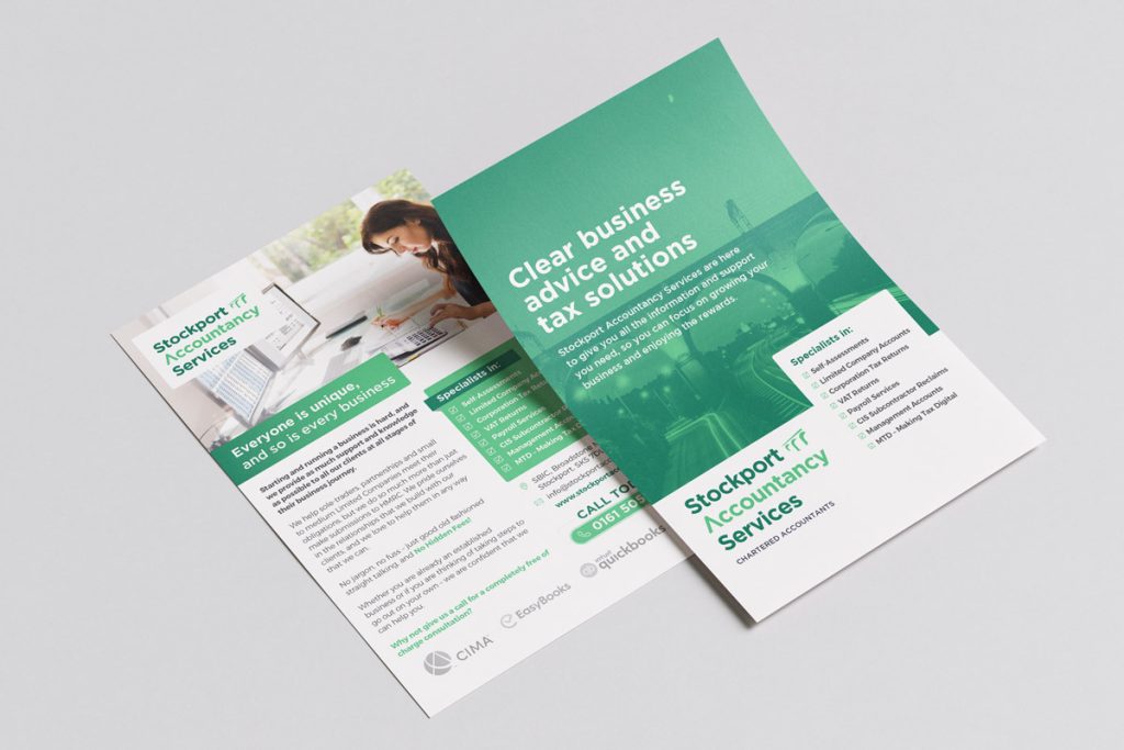A5 promotional printed leaflets designed for Stockport Accountancy Services