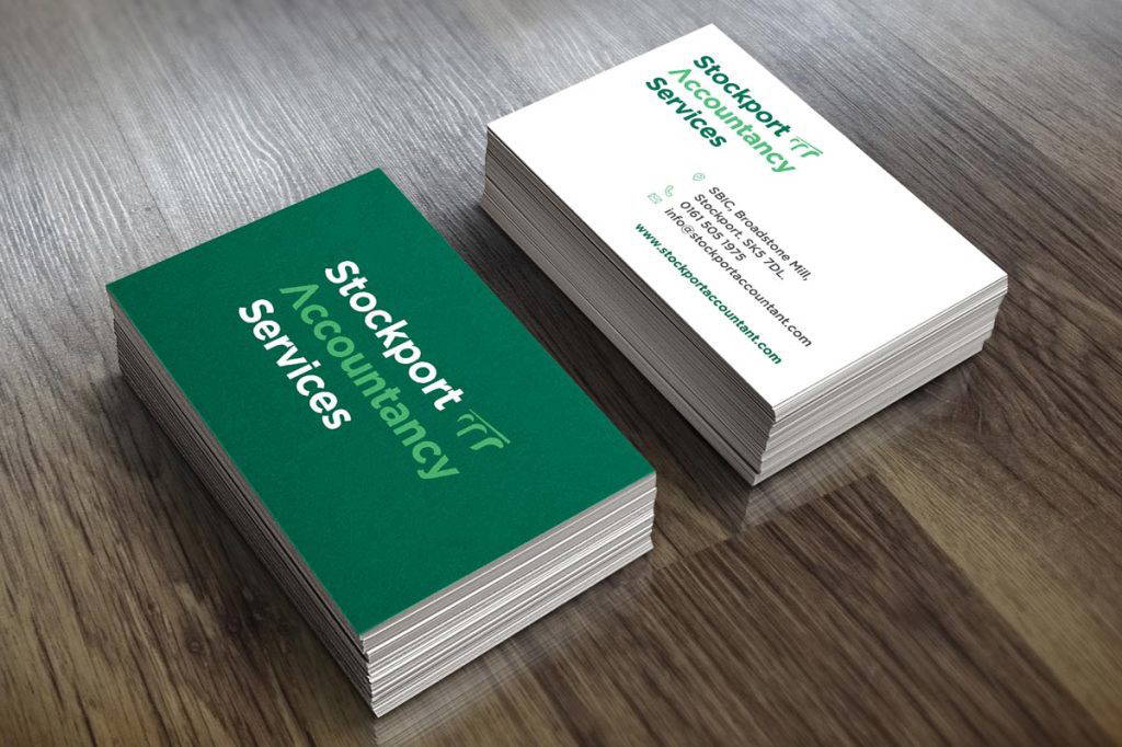 Heavyweight printed business cards featuring the Stockport Accountancy Services logo