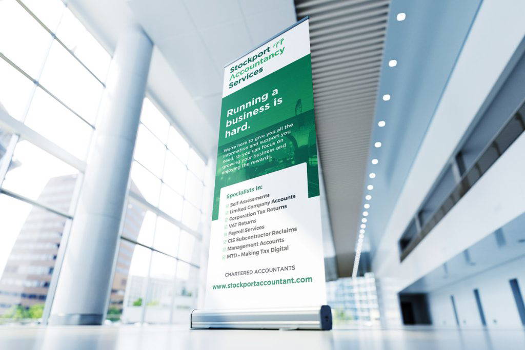 Pull-up exhibition roller banner designed and printed for Stockport Accountancy Services