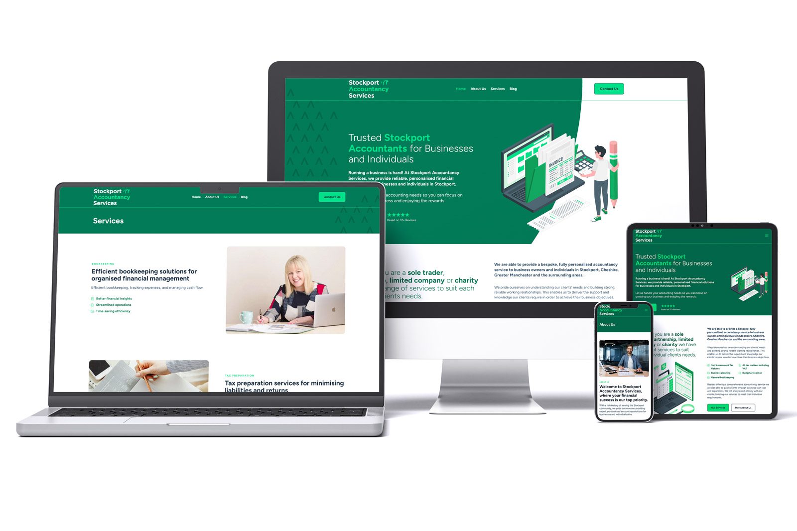 Responsive web design for accountants in Stockport, displaying the Stockport Accountancy Services website across desktop, laptop, tablet, and mobile screens.
